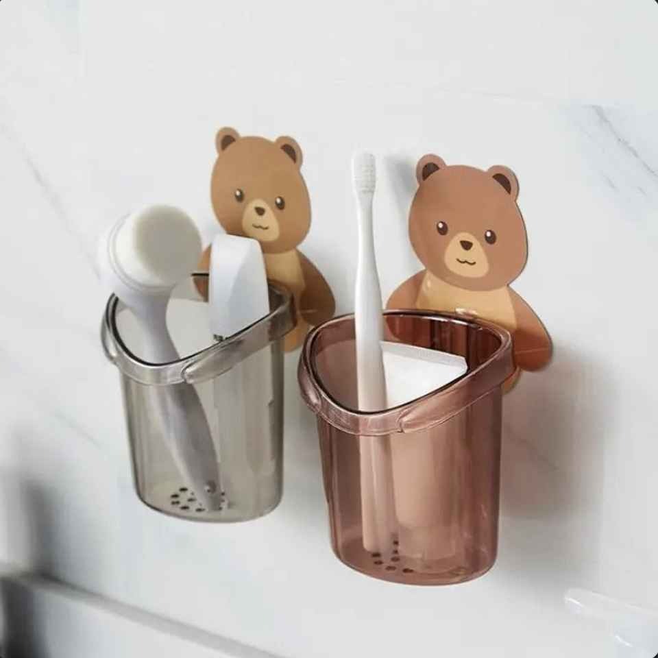 Cartoon Bear Self-Adhesive Toothbrush Holder – Wall Mounted Bathroom Organizer for Kids & Family (Random color-Pack of 1)